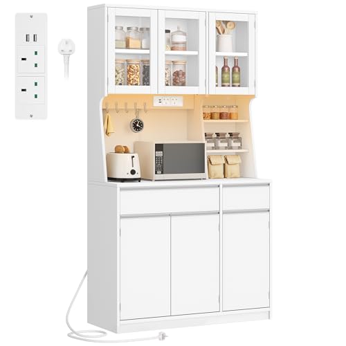 Hzuaneri Kitchen Cupboard with LED & Power Outlet, Tall Kitchen Cabinet with Countertop & 2 Drawers, Sideboard Storage Cabinet, Adjustable Shelves, for Dining Room, 40 x 100 x 180 cm, White PT00103XUK - Image 8