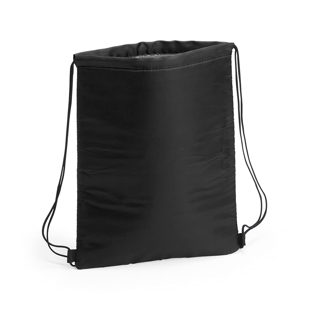 eBuyGB Plain Polyester Drawstring Cooler Bag, Reusable Insulated Lunch Bag, Foldable Aluminium Cool Bag for Work, School, Travel (Black)