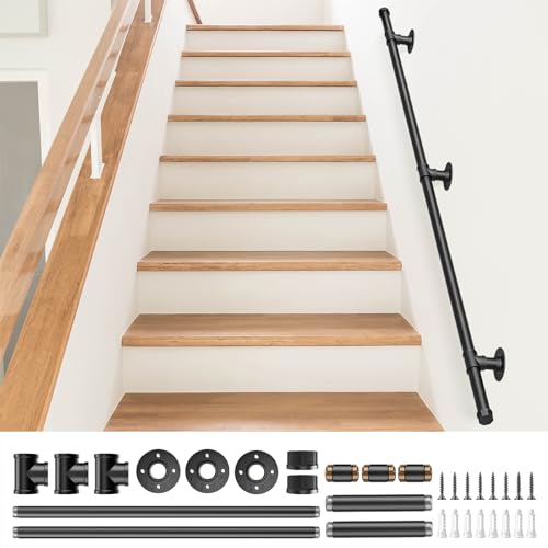 Pasamanos para Escalera, Couleeur Negro Barandilla Escalera Estilo Industrial Profesional, Tubería de Pasamanos y Antideslizante Hierro Forjado para Interiores y Exteriores pared Loft Ancianos(1.5 M)