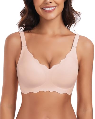 WOWENY Non Wired Padded Bras for Women with Support Wavy V Neck Seamless Tshirt Bra Floral Print Bralettes Soft Comfy Bustier(Pink, XL)