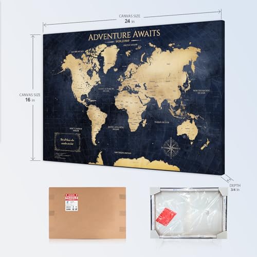 Image of IPIC - Vintage Teal World Map Pin Board Canvas Wall Art, Travel Map with Pins Included, Ready to Hang for Home or Office 24x16 Inch