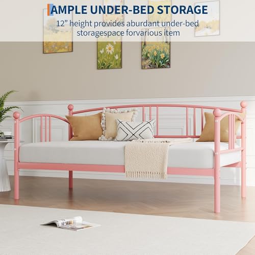 Image of Garvee Twin Metal Daybed, Metal Sofa Bed Frame with Arched Headboard, Guest Sofa Bed with Steel Slat Support, No Box Spring Required, Easy Assembly, Pink