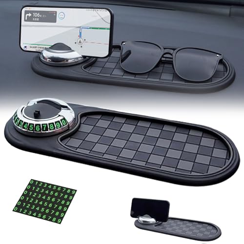 Multifunction Car Anti-Slip Mat Auto Phone Holder, 2025 New Rotatable Anti Skid Car Dashboard Pad with Temporary Parking Numbe, Universal Anti-Slip Pad, Large Storage for Phones, Glasses, Keys