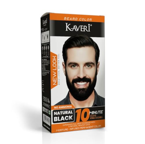 Kaveri Beard Color for Men – Natural Black | No Ammonia Beard Hair Dye | 10 Minute Gray Coverage | Permanent Beard Moustache & Sideburn Color | With Developer & Brush | 60g + 60ml