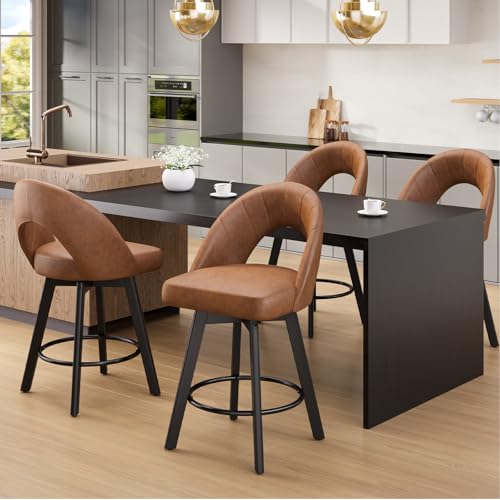 Image of YaFiti 24 inch Counter Height Bar Stools, Ergonomic Curved Back Design Swivel Bar Stools with Faux Leather Seat & Solid Wood Legs for Kitchen Island, 1 PCS, Light Tan