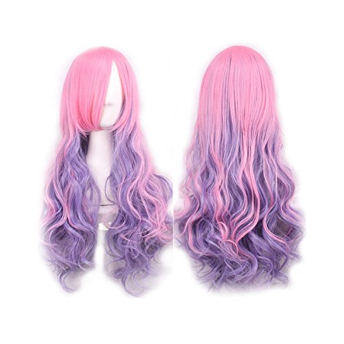Perruque bouclée multicolore Healvian aux longs cheveux ondulés roses à effet naturel