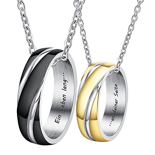 Musihy Pärchen Kette mit Gravur, Pärchen Halskette Silber Edelstahl mit Anhänger Ring 6MM Schwarz Streifen Ring Kette Herren 60 cm Damen 50 cm Geschenke Cover