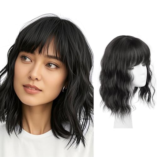 FDEETY Peluca Corta de Mujer 12 Pulgadas Cabello Ondulado y Rizado Sintético con Flequillo Pelucas Clip In Ideal para Uso Diario y Carnaval (Negro)