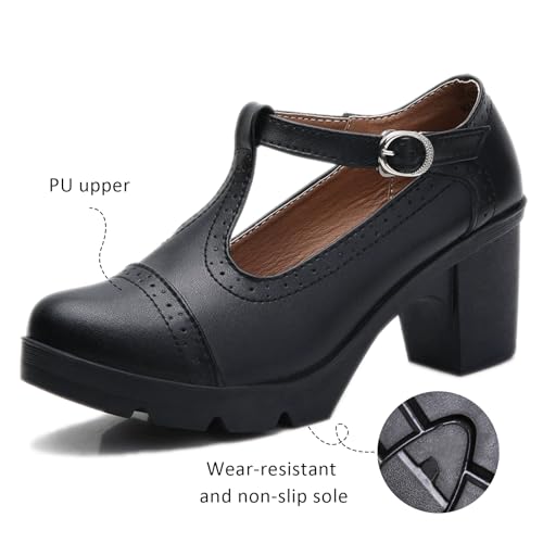 Women's T-Strap Wingtip Platform Chunky Heel Mary Janes with Adjustable Buckle Retro Round Toe Comfort Leather Anti-Slip High Block Heel Brogue Oxfords for Wedding Work Dress3