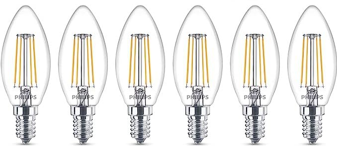 Philips Master Value LED 3.4W (40W Replacement) B35 Filament Candle, Dimmable,E14 SES Small Edison Screw, 2700k Warm White, 470 Lumen, 15000 Hours, Clear Lamp - 6pack