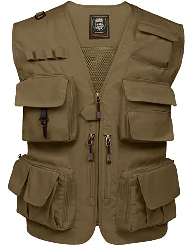 PEHMEA Men's Fishing Vest Utility Detachable Summer Vests with Pockets for Safari Travel Outdoor Work Photo Cargo Fly(Khaki-M)