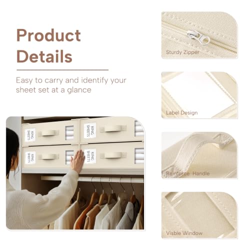 Criusia Bed Sheet Organizers and Storage, 4 Pack Foldable Linen Closet Organizers – Bedding Holder for Sheet Set (King/Queen Sizes), Duvet Covers, Blankets (Beige) by Criusia - Used condition - Image 5