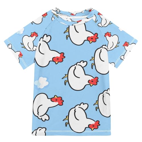 Boys Short Sleeve T-Shirts Chicken Cartoon Blue Rashguard Kids Swim Shirts Sun UPF 50+