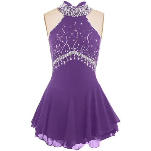 FZHQNZJF Púrpura,XXXL, Vestido de Patinaje Artístico sobre Hielo para Competición Ropa Maillot de Gimnasia Sin Mangas Falda Danza de Ballet Traje de Baile con Patines de Ruedas con Diamantes