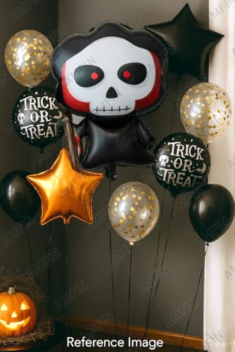 Image of AMFIN (Pack of 11) Halloween Balloon Decoration Set - Skeleton Reaper Foil Balloon with 2 inchTrick or Treat inch Round Balloons & Black /Orange Star Balloons