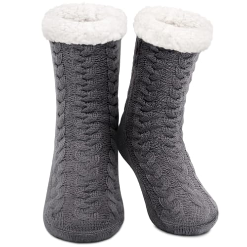 SIMIYA Slipper Socks Women Super Soft Fluffy Socks Warm Sock Cozy Fleece-lined Winter Non Slip Chunky Thermal Sock with Gel Grips (Grey)