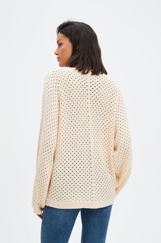 Image of EZAPINE Women's Oversized Crochet Sweater Pullover Drawstring Long Sleeve Button Hollow Out Knit Crochet Top Blouses