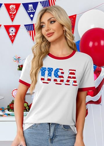 Image of Ithalt Women 4th of July Shirt Fourth of July Shirts USA Sequin Tshirt American Patriotic T-Shirt Stripes Tee Tops