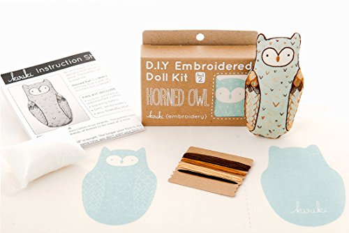 Image of Kiriki Press DIY Embroidery Doll Kit - Skill Level 2 - Beginner to Advanced Embroidery Kits for Adults Teens (3 Skill Levels) Animal Embroidery Kit - Screen Printed Pattern (Horned Owl - Level 2)