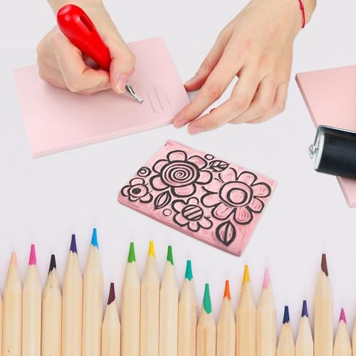 Linocut Printmaking & Stamp Carving Kit - 4Pcs 4"x6" Soft Rubber Linoleum Blocks with Brayer Roller & Carving Tools | Beginner & Artist Craft Supplies