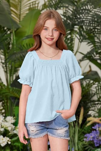 Image of BesserBay Girls Summer Puff Short Sleeve Square Neck Tee Shirts Ruffle Smocked Blouses Cute Swiss Dot Tops 5-14 Years
