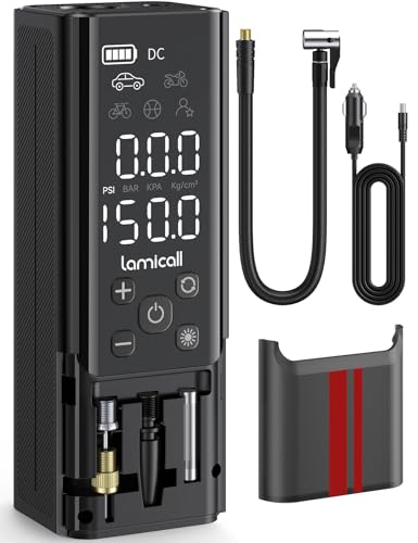 【10秒充填・7500mAh大容量】Lamicall 車 タイヤ 空気入れ 電動 : バイク 空気入れ 自転車 エアーポンプ オートバイ エアコンプレッサー 小型自動くうき入れ 12V DC電源コード LED懐中ライト 自動停止 TypeC充電 最大圧力150PSI 仏/米式バルブ 傷止めシリコーンスリーブ 延長エアホース 収納袋 原付バイク ロードバイク 浮き輪 ボール プール等に対応