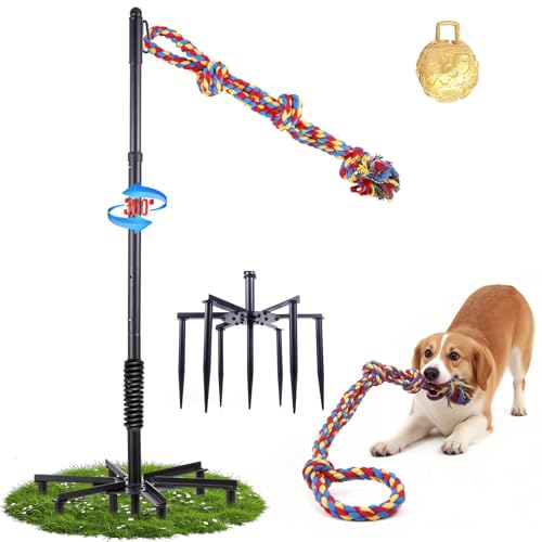 Tether Tug Outdoor Dog Toy Tether Tug For Large Dogs Spring Pole For Dogs in Park Yard Lawn 2 Rope Toy and Bell Pull Chase and Solo Play Tether Interactive Dog Tug Toy For Medium Small Dogs(Black)