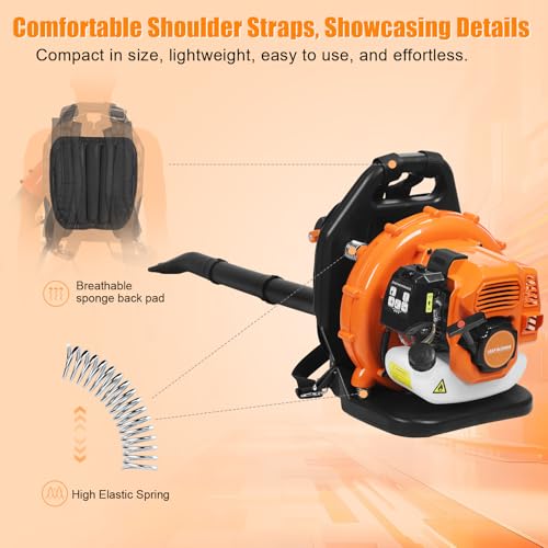52CC 2-Stroke Backpack Leaf Blower, 550 CFM Engine Gas Powered Leaf Blower Cordless Dust Blowers Single Cylinder Air Cooled Cleaner Garden Tool for Lawn Yard Blowing Debris Orange