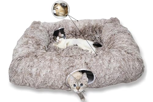 XxingSheep 4 Cave Shuttled XL Cat Tunnel Bed for Indoor Cats Peekaboo Toy Donut with Warm Mat, Yellow-Brown