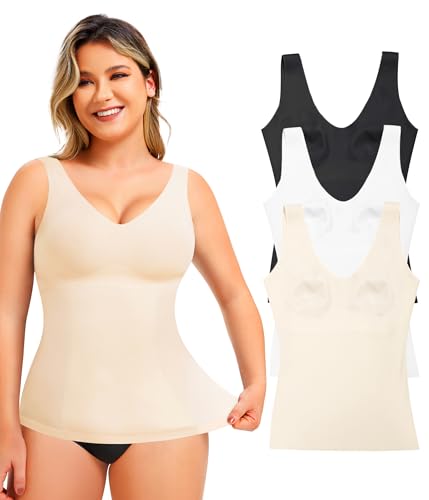 Recopilación de Camisetas moldeadoras para Mujer Top 5. 49 LODAY - playera sin mangas con control de abdomen para mujer, playera de compresión con cuello en V, camisola adelgazante, Negro/Blanco/Beige Paquete de 3, L