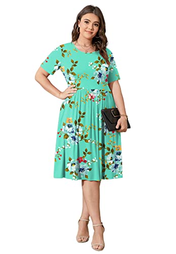 Image of POSESHE Womens Plus Size Summer Dress 2026 Casual Short Sleeve Empire Waist Loose Fit Swing T-Shirt Dress with Pockets