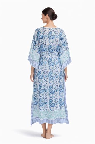 Image of Hand Block Printed Pure Cotton Kaftan for Women, Free Size Relaxed Fit Maxi, Lounge, Nightwear, Beach Cover-Up, Handmade Ethnic Boho Kaftan Dress V-Neck