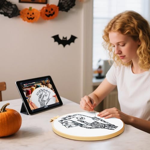 Image of Gothic Tarot Embroidery Kits for Beginners Adults, Halloween Hand Bone Embroidery Starter Kits, Skull Cross Stitch Kits for Beginner Adults Hobbies for Women, Embroidery Fabric, Hoops & Video Tutorial