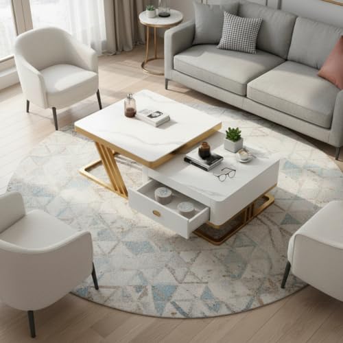 Image of RIZIK Stores Iron Frame Handmade Drawer Square Coffee Table /Nesting Table /Side Table /Center Table with Engineered Wood Top for Living Room /Drawing Room /Balcony (White Gold, 30 inchx30 inch)