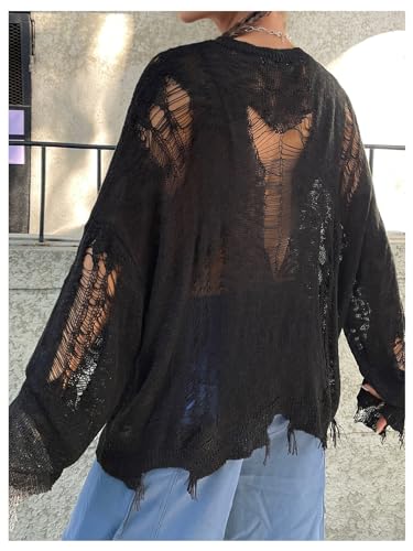 GORGLITTER Women's Distressed Sweater Hollow Out Ripped Long Sleeve Round Neck Oversized Pullover Sweaters2