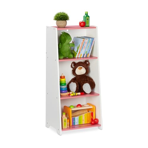 Relaxdays Estantería Infantil, 3 Baldas, 88x40x30 cm, Librería Niñas, Organizador Juguetes, MDF, Blacno y Rosa, Tablero de...