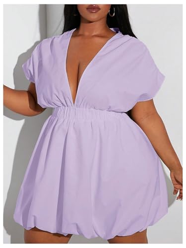 Image of WDIRARA Women's Plus Size Deep V Neck Bubble Dress Short Sleeve A Line Mini Dresses