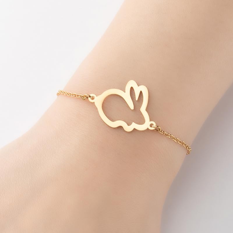 Cute Rabbit Link Chain Bracelet for Women Stainless Steel Dainty Hollow Out Bunny Charm Stackable Adjustable Thin Animal Bangle Bracelets Fashion Handmade Jewelry Birthday Easter Day Gift Wife Girlfriend Her4
