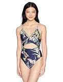 Trina Turk Women's Standard Wrap Front Keyhole One Piece Swimsuit, Navy/Midnight/Fiji Floral Print,