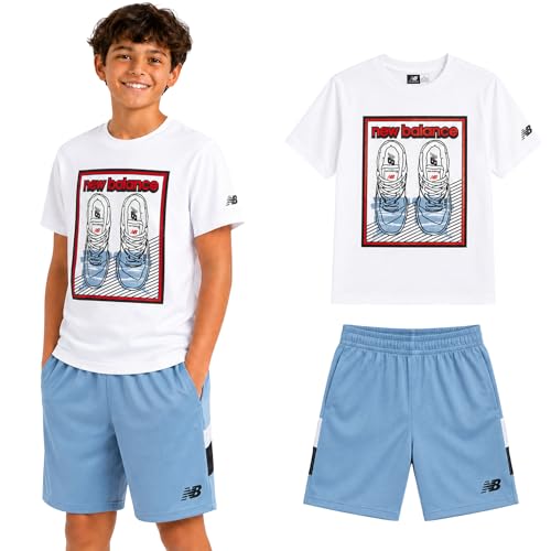 Image of New Balance Boys Athletic Shorts Set - 2 Piece Cotton Blend Jersey Shirt and Active Basketball Shorts for Boys