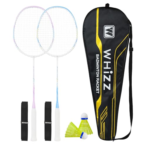 BAIHUALIN WHiZZ ZM520 Carbon Graphit Badmintonschläger, Leichtgewicht Badminton Schläger mit Federball, Griffband & Tragetasche, Lila+Blau