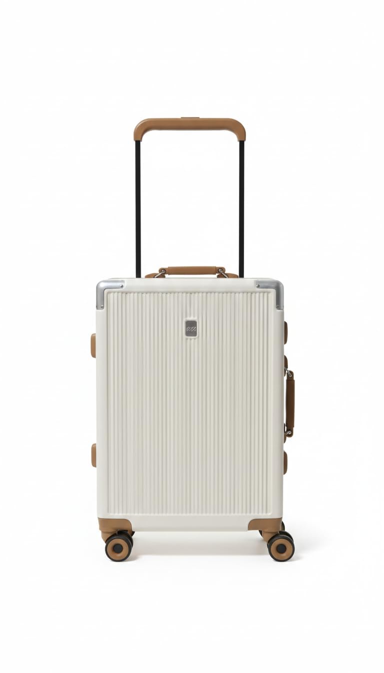 Hardside Carry-On Suitcase with Spinner Wheels, Cream with Brown Leather Accents, Vertical Ribbed Design-picture-49