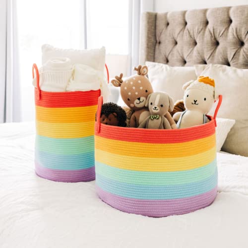 Image of OrganiHaus Rainbow Laundry Basket & Hamper, Nursery Playroom 52L | Rainbow - Rainbow Cotton Rope Hamper, Nursery 52L