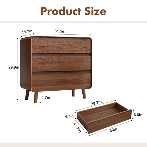 Image of Nasonet 3 Drawer Dressers for Bedroom, Mid Century Modern Chests of Drawers, Curved Dresser with Storage Drawer, Wooden Bedroom Furniture Drawer for Closet, Home Office, Walnut
