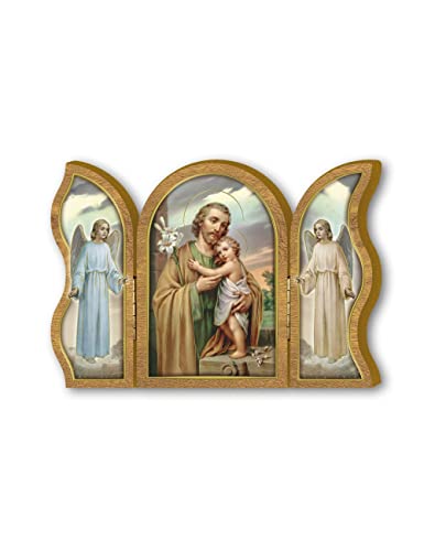 F.LLI BONELLA - Tríptico devocional de madera de San José, 6 x 9 cm, 3 paneles, dorado y detalles en relieve, montaje en pared, para dormitorio