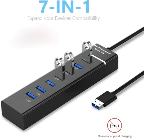 Image of SANCY 7-Port USB 3.0 Hub with Individual Switches & Lights, Multiple Port USB Adapter Extension High-Speed Data Hub, Portable USB Splitter with 1FT Extended Cable for PC, Laptop, MAC, Printer and More