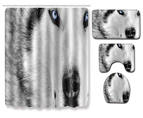 JZZCIDGa Wolf Badteppiche Set Sockelteppich Deckel Toilettenbezug Badematte Wasserdicht Duschvorhang Bad 4-Teiliges Set
