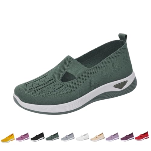Women's Woven Orthopedic Breathable Soft Sole Shoes, Sneakers Arch Support Mesh Orthopedic Walking Shoes (Green,24.5 cm) [���s�A���i]