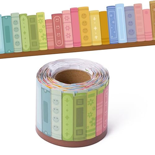Image of BeYumi Boho Bookshelf Border Trim - 65ft Back to School Retro Groovy Books with Smile Face Border Trim Floral Rainbow Colorful Bookshelf Bulletin Board Library Classroom Office Home Wall Party Decor