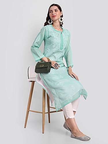 Image of Seva Chikan Hand Embroidered Lucknowi Chikankari Cotton Kurta Kurti for Women SCL4302